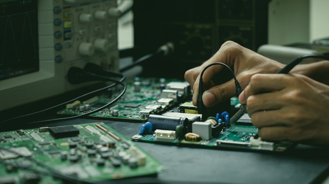 Engineer inspecting an electronic circuit board